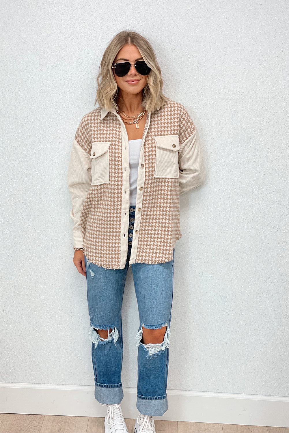 Khaki Printed Corded Patch Flap Pocket Houndstooth Frayed Shacket Outerwear JT's Designer Fashion