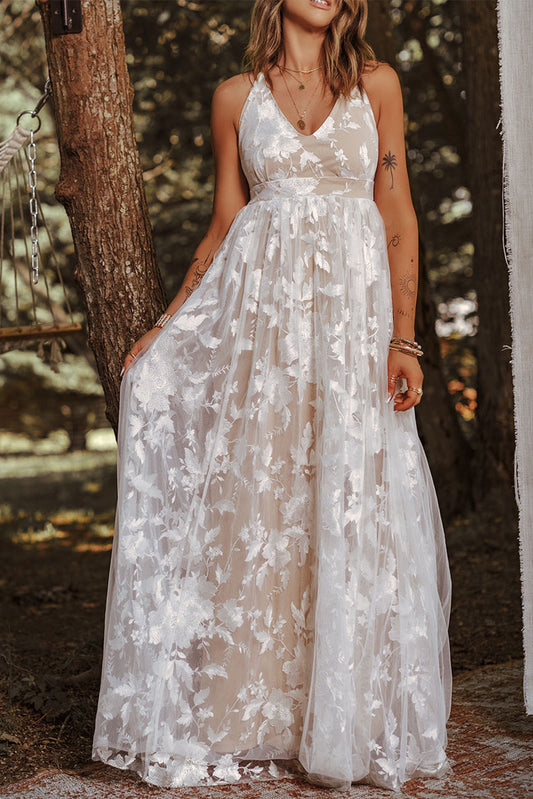 White V Neck Backless Floral Lace Maxi Dress White 100%Polyester Evening Dresses JT's Designer Fashion
