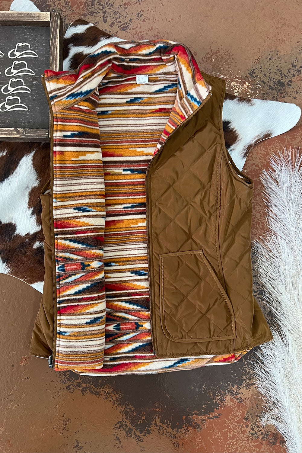 Camel Quilted Aztec Print Reversible Zip Up Vest Outerwear JT's Designer Fashion