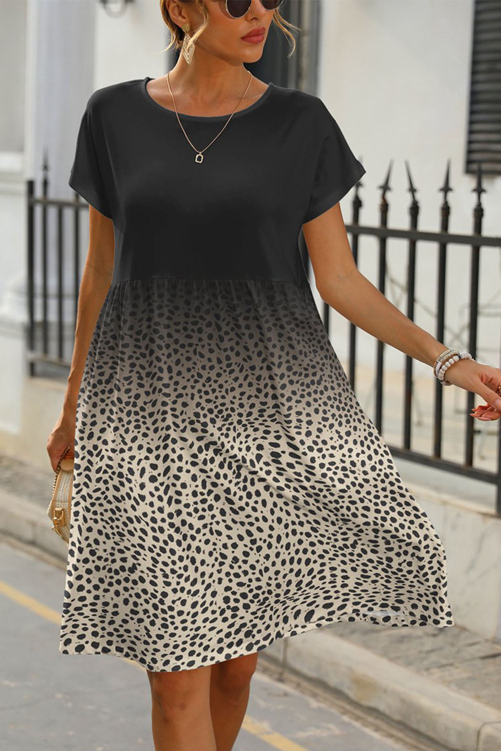 Leopard Dotted Contrast Casual Pocket T Shirt Dress T Shirt Dresses JT's Designer Fashion