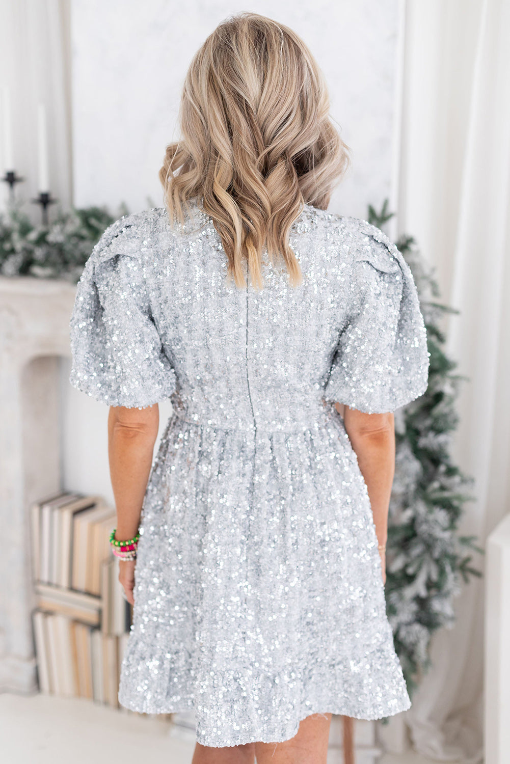 Silvery Sequin Bubble Sleeve Ruffle Hem Flared Dress Pre Order Dresses JT's Designer Fashion
