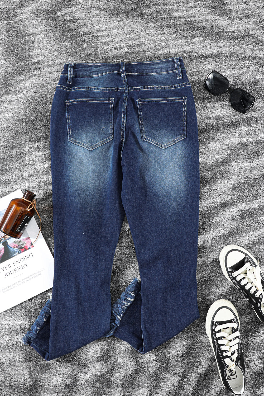 Blue Distressed Raw Hem Button Mid Waist Jeans Jeans JT's Designer Fashion