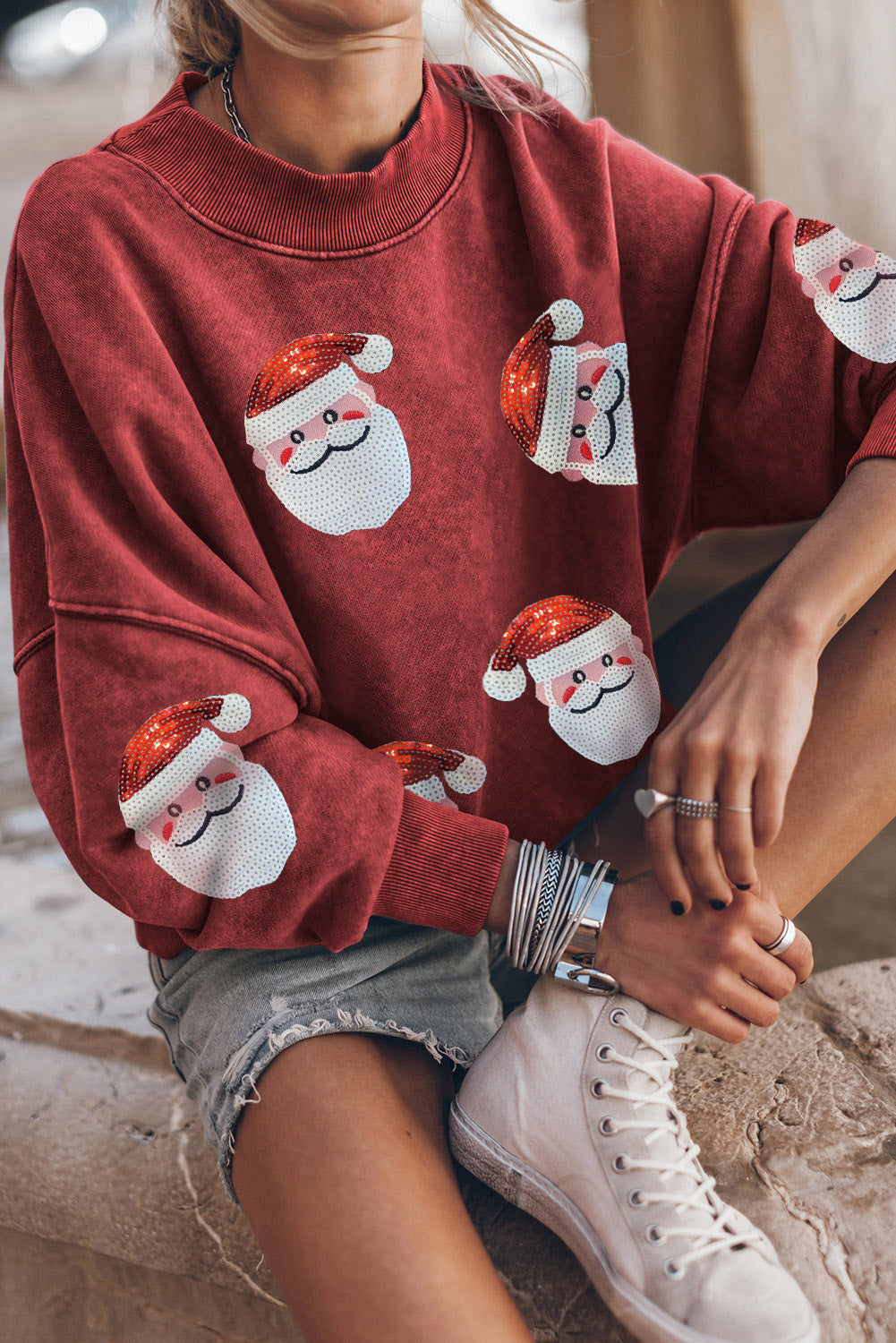 Red Dahlia Sequined Santa Claus Christmas Fashion Sweatshirt Graphic Sweatshirts JT's Designer Fashion