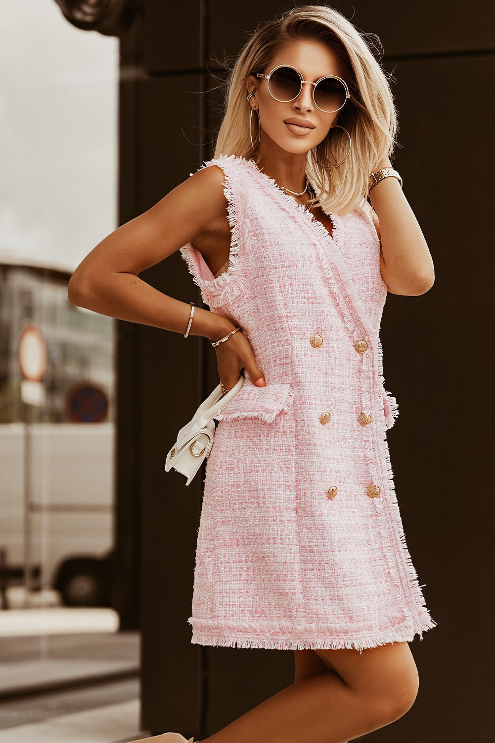 Pink Frayed Edge Double Breasted Tweed Vest Dress Mini Dresses JT's Designer Fashion