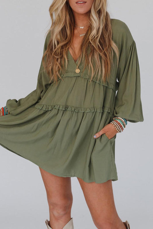 Green V Neck Puff Sleeve Frill Tiered Mini Dress Dresses JT's Designer Fashion