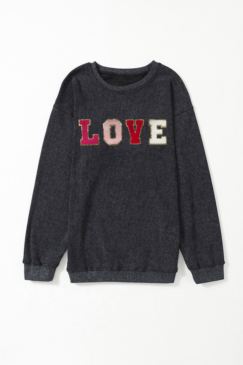 Black Glitter LOVE Letter Graphic Corded Baggy Sweatshirt Graphic Sweatshirts JT's Designer Fashion