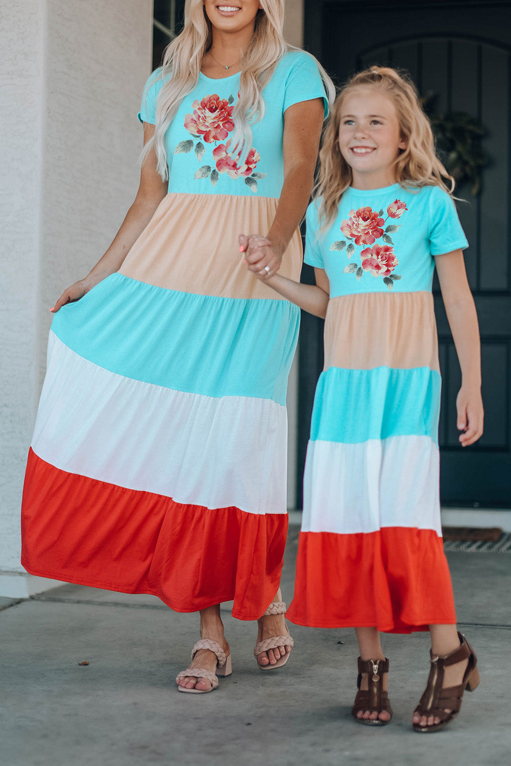 Multicolor Family Matching Floral Color Block Short Sleeve Mom's Maxi Dress Multicolor Family Dress JT's Designer Fashion