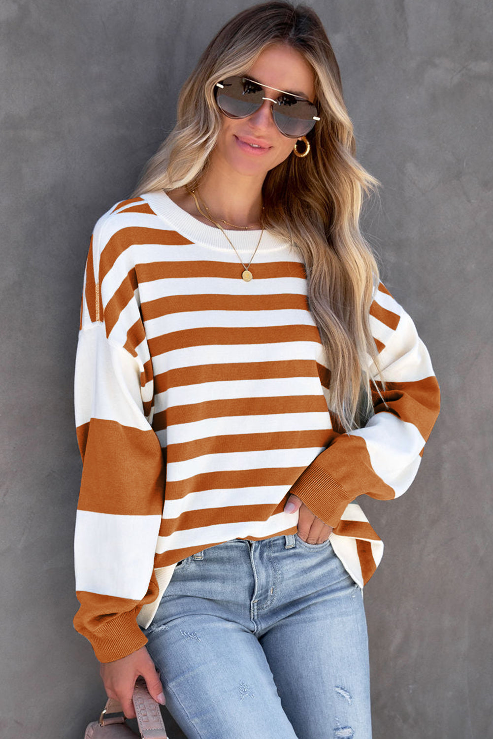 Brown Stripe Drop Shoulder Striped Pullover Sweatshirt Sweatshirts & Hoodies JT's Designer Fashion