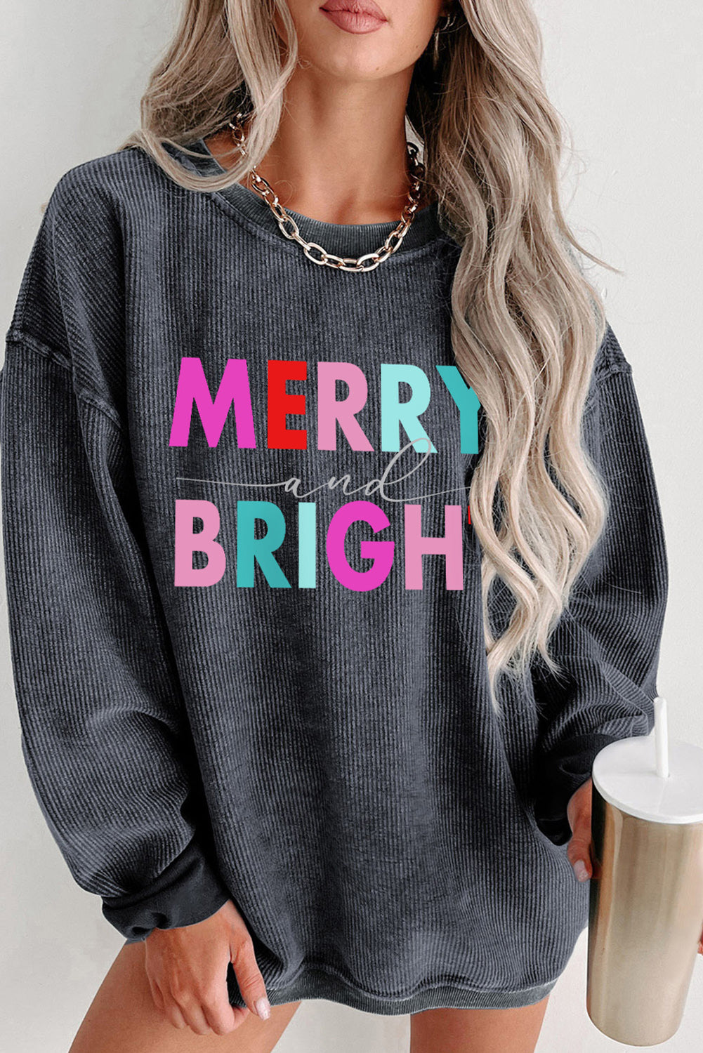 Gray MERRY and BRIGHT Corded Drop Shoulder Sweatshirt Gray 100%Polyester Graphic Sweatshirts JT's Designer Fashion