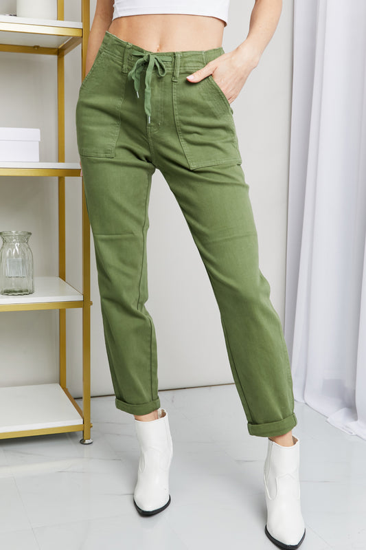 Judy Blue Full Size Drawstring Waist Pocket Jeans Olive Jeans JT's Designer Fashion