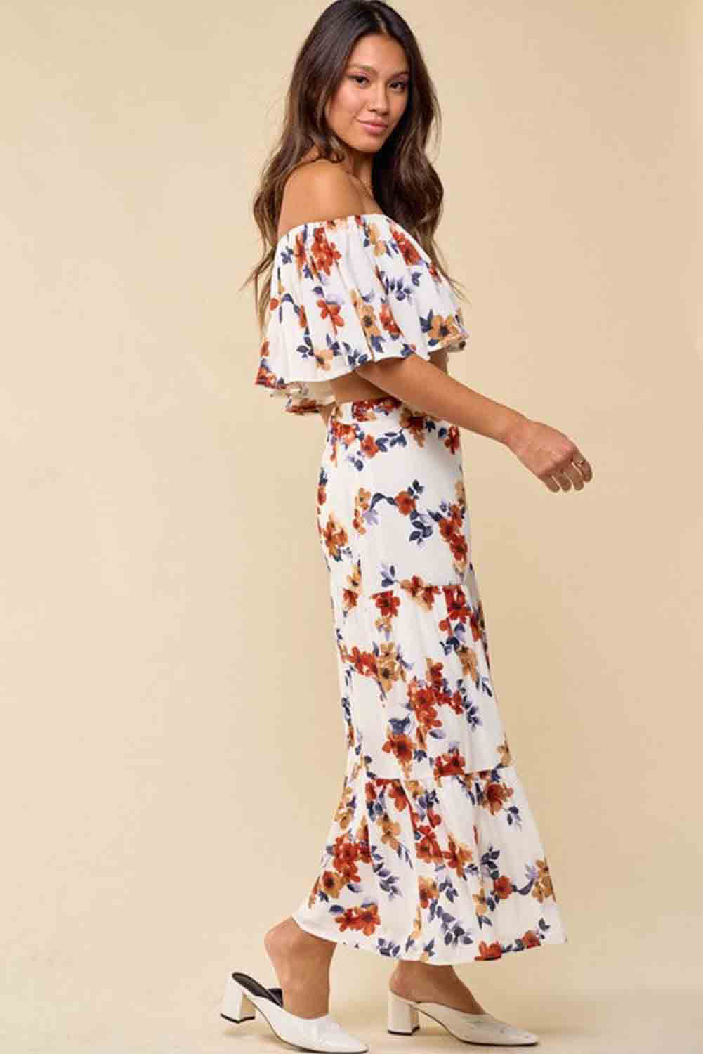 White Floral Print Off-shoulder Crop Top and Maxi Skirt Set Dresses JT's Designer Fashion