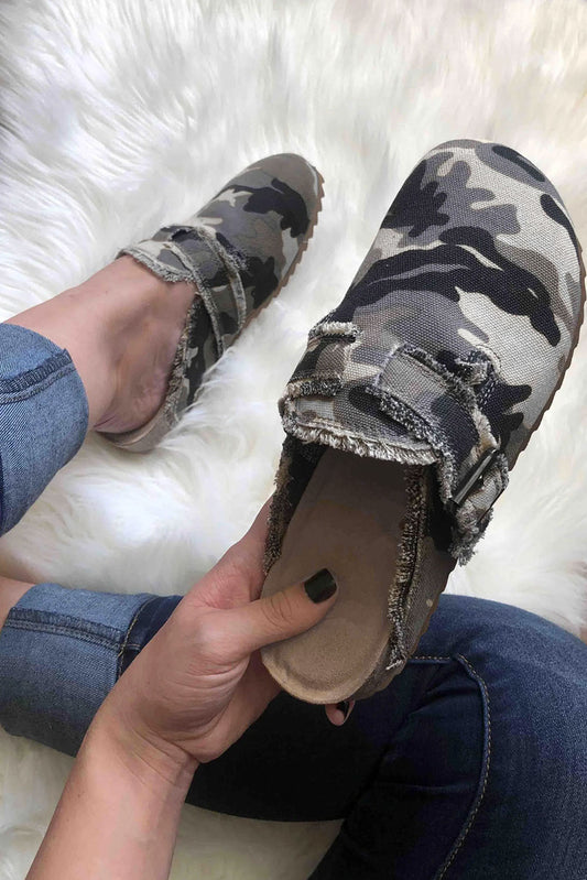 Camouflage Buckle Strap Frayed Canvas Slip On Slippers Slippers JT's Designer Fashion