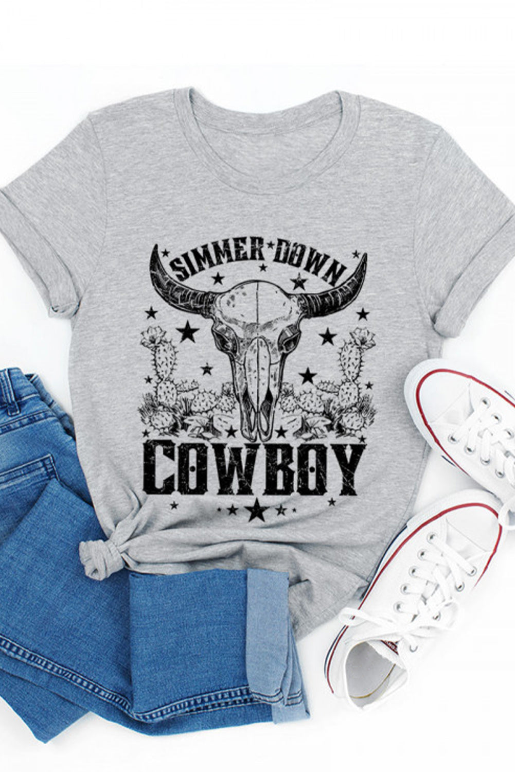 Gray Western Cowboy Steer Head Graphic Print Short Sleeve T Shirt Graphic Tees JT's Designer Fashion