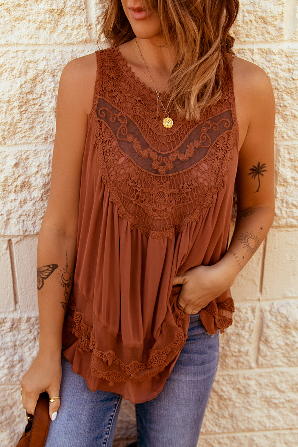 Brown Lace Detail Buttons Back Sleeveless Top Brown Tank Tops JT's Designer Fashion