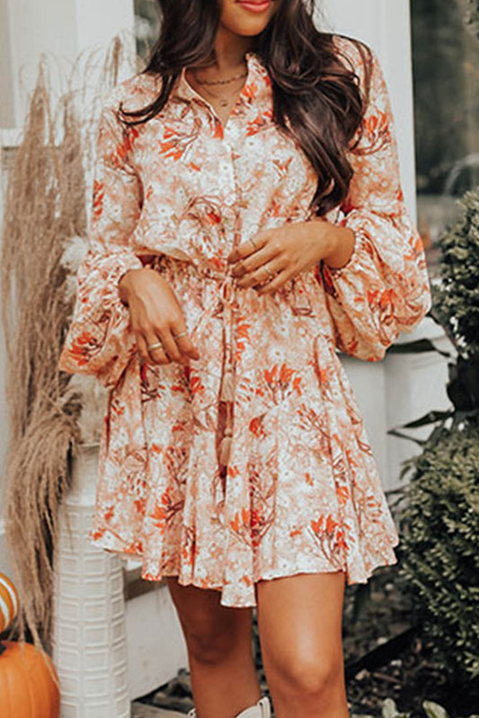 Orange Bubble Sleeve Cinched Waist Floral Dress Dresses JT's Designer Fashion