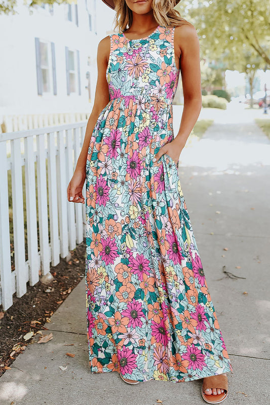 Multicolor Floral Print High Waist Sleeveless Maxi Dress Floral Dresses JT's Designer Fashion