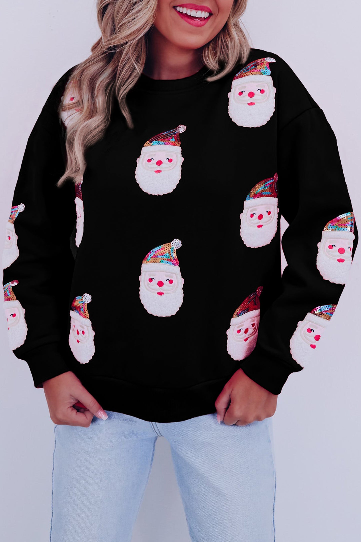 Black Sequined Christmas Santa Clause Graphic Sweatshirt Black 70%Polyester+30%Cotton Graphic Sweatshirts JT's Designer Fashion