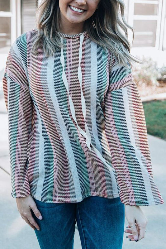 Multicolor Striped Drop Shoulder Textured Knit Hoodie Multicolor 95%Polyester+5%Elastane Sweatshirts & Hoodies JT's Designer Fashion