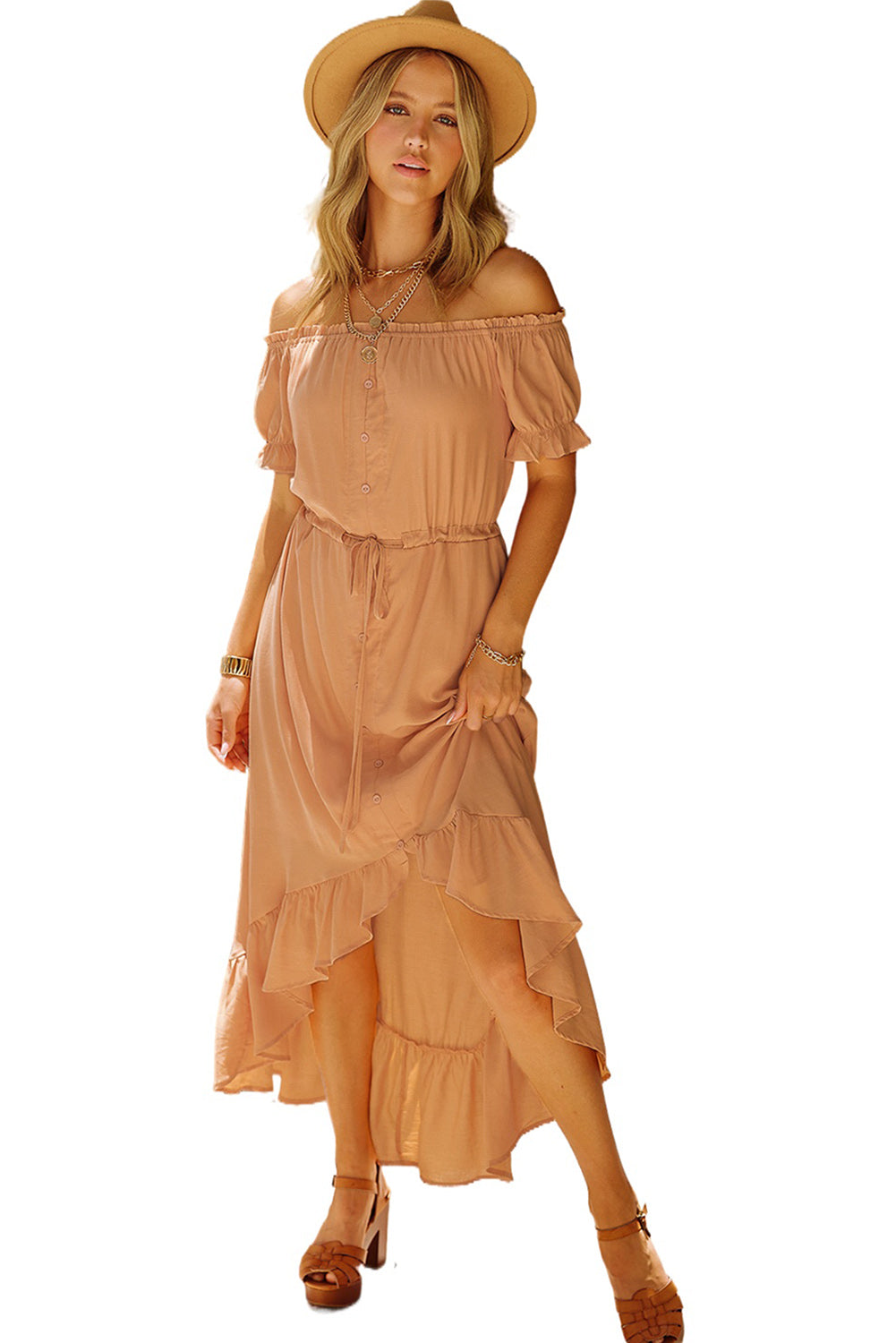 Apricot Glaze High Low Off The Shoulder Maxi Dress Maxi Dresses JT's Designer Fashion