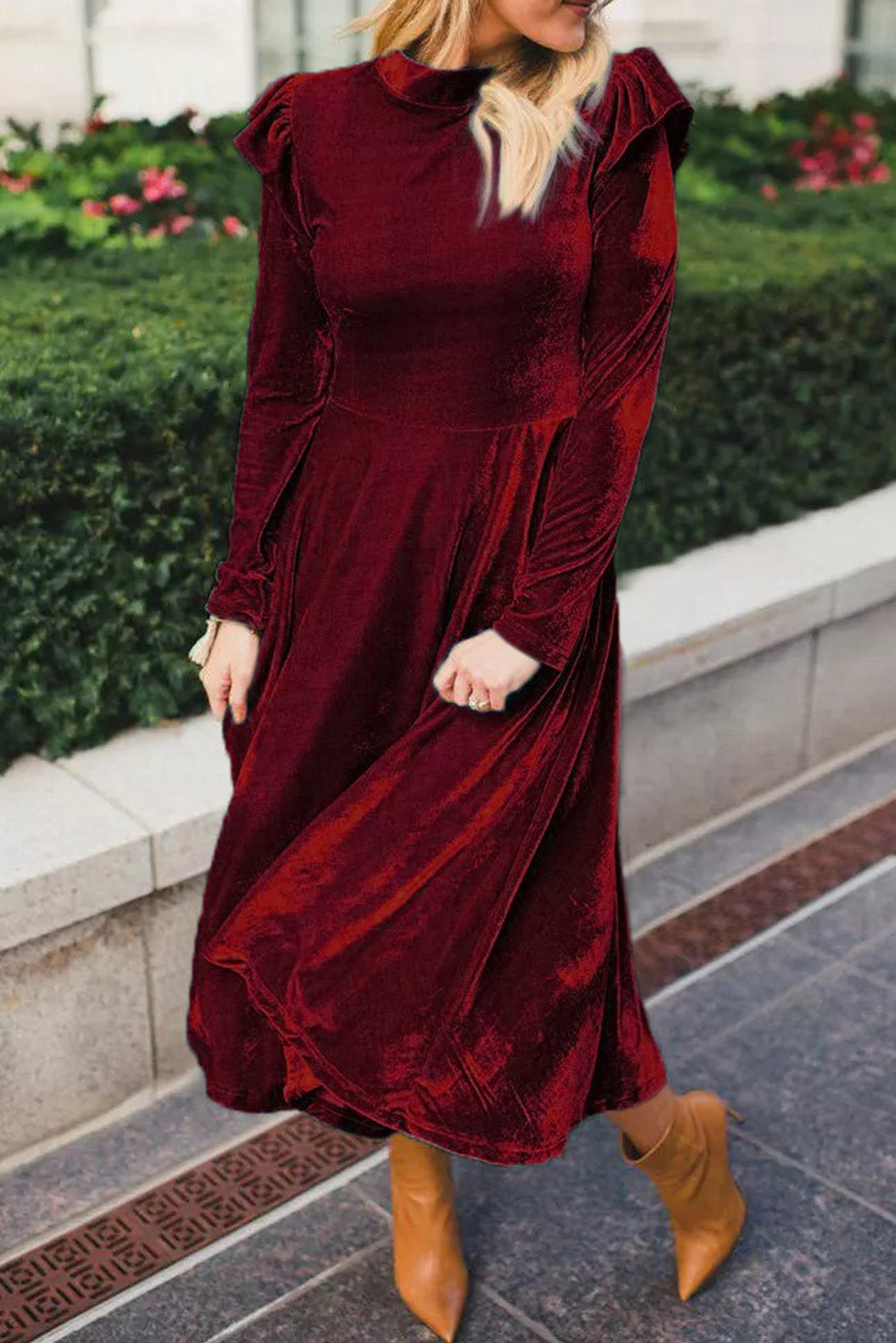Red Frill Trim Long Sleeve Stand Neck Velvet Dress Dresses JT's Designer Fashion