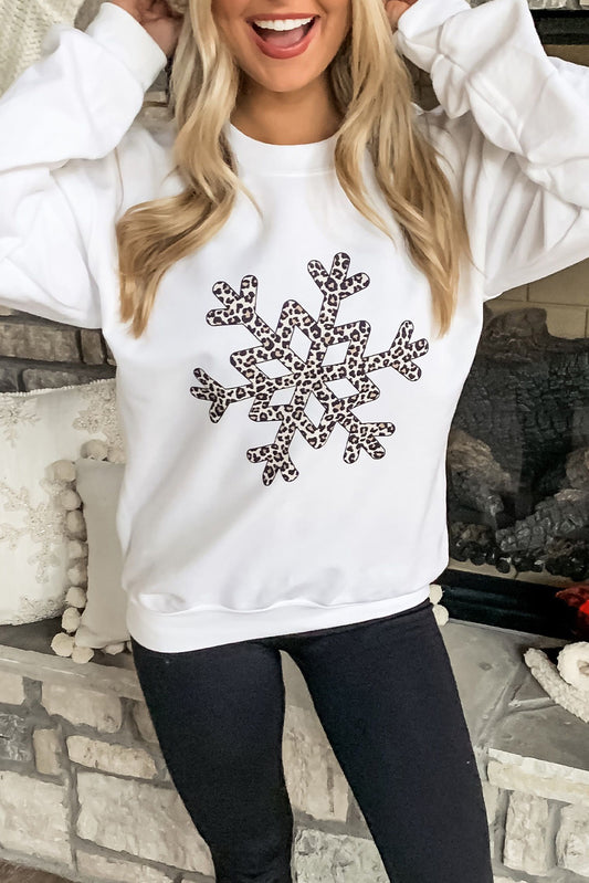 White Leopard Snowflake Pullover Sweatshirt White 70%Polyester+30%Cotton Graphic Sweatshirts JT's Designer Fashion