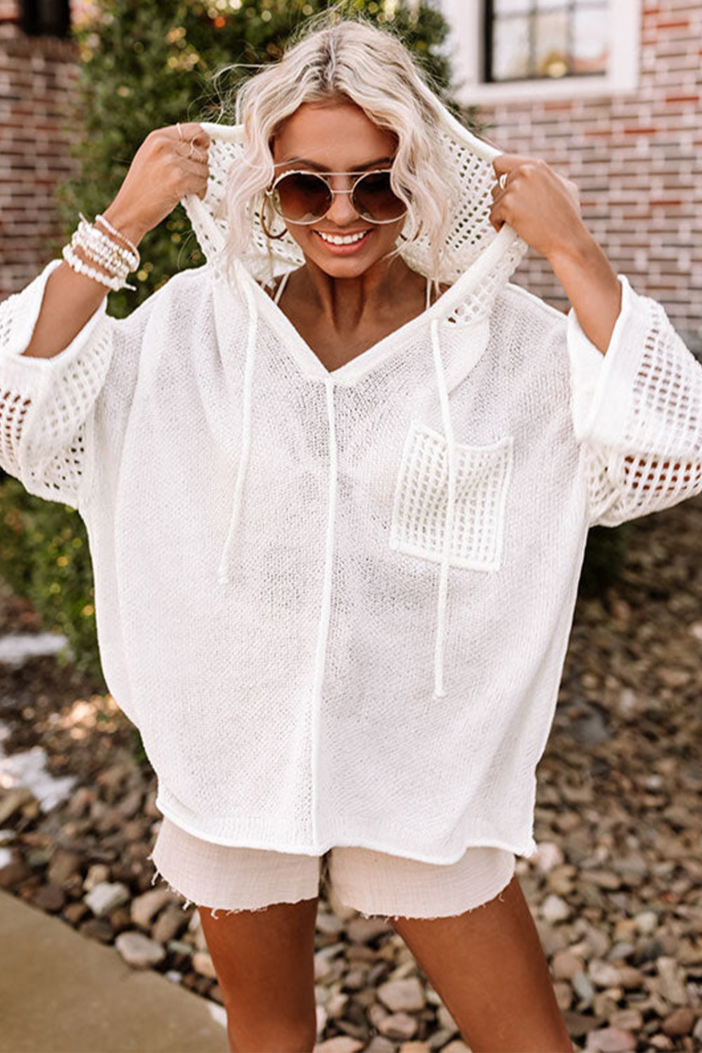 White Open Knit Long Sleeve Pocketed Hooded Sweater Pre Order Sweaters & Cardigans JT's Designer Fashion