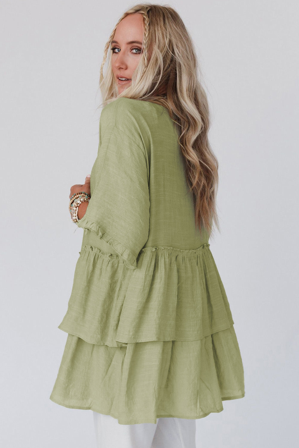 Bright Green Ruffled Trim Half Sleeve Open Front Kimono Outerwear JT's Designer Fashion