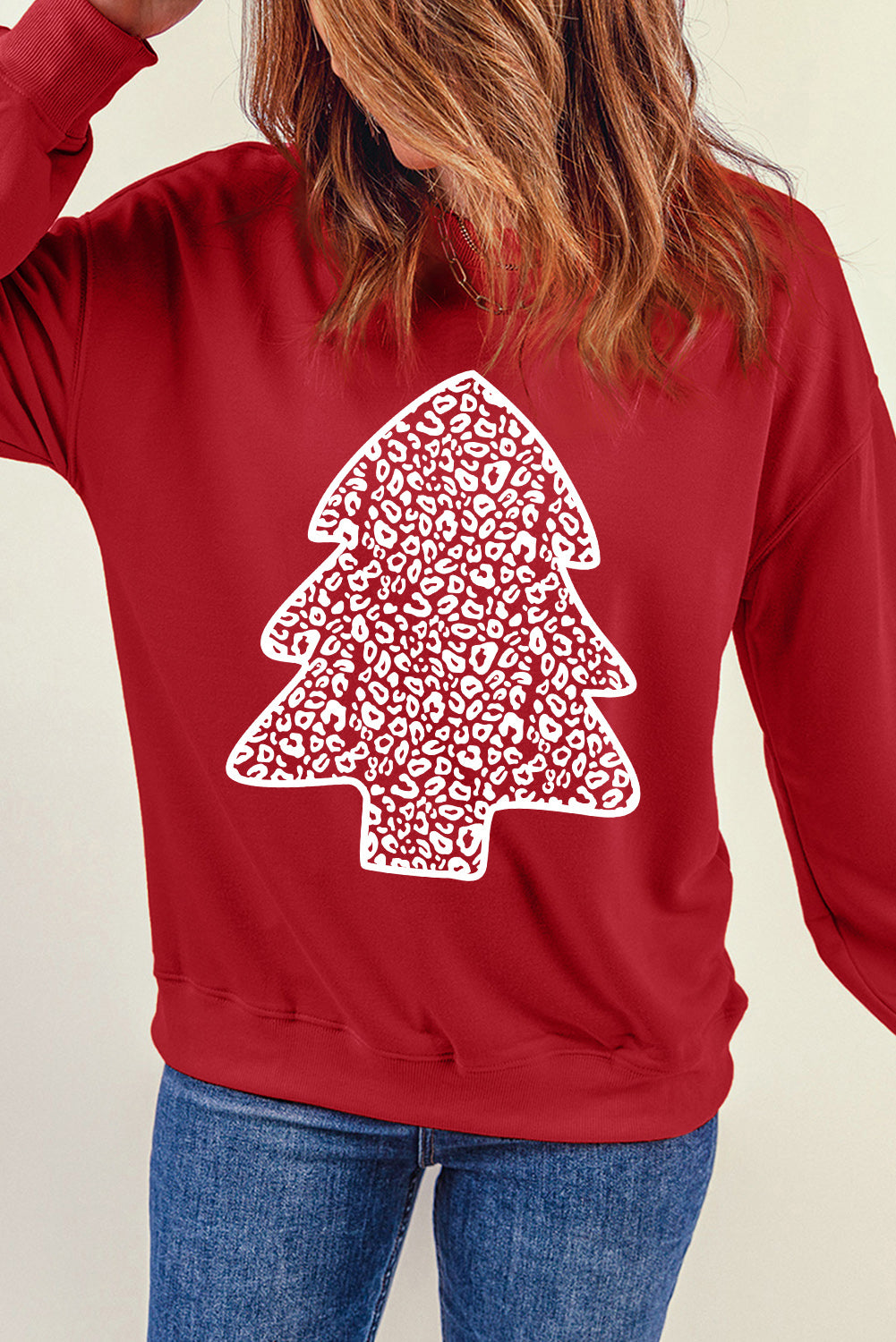 Red Leopard Christmas Tree Print Pullover Sweatshirt Graphic Sweatshirts JT's Designer Fashion