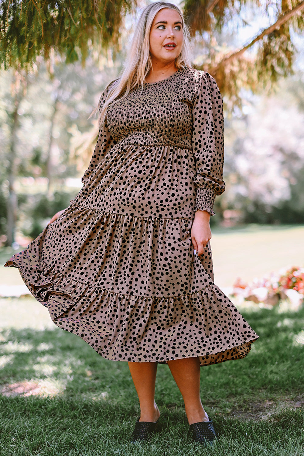Pink Plus Size Leopard Print Smocked Tiered Dress Plus Size Dresses JT's Designer Fashion