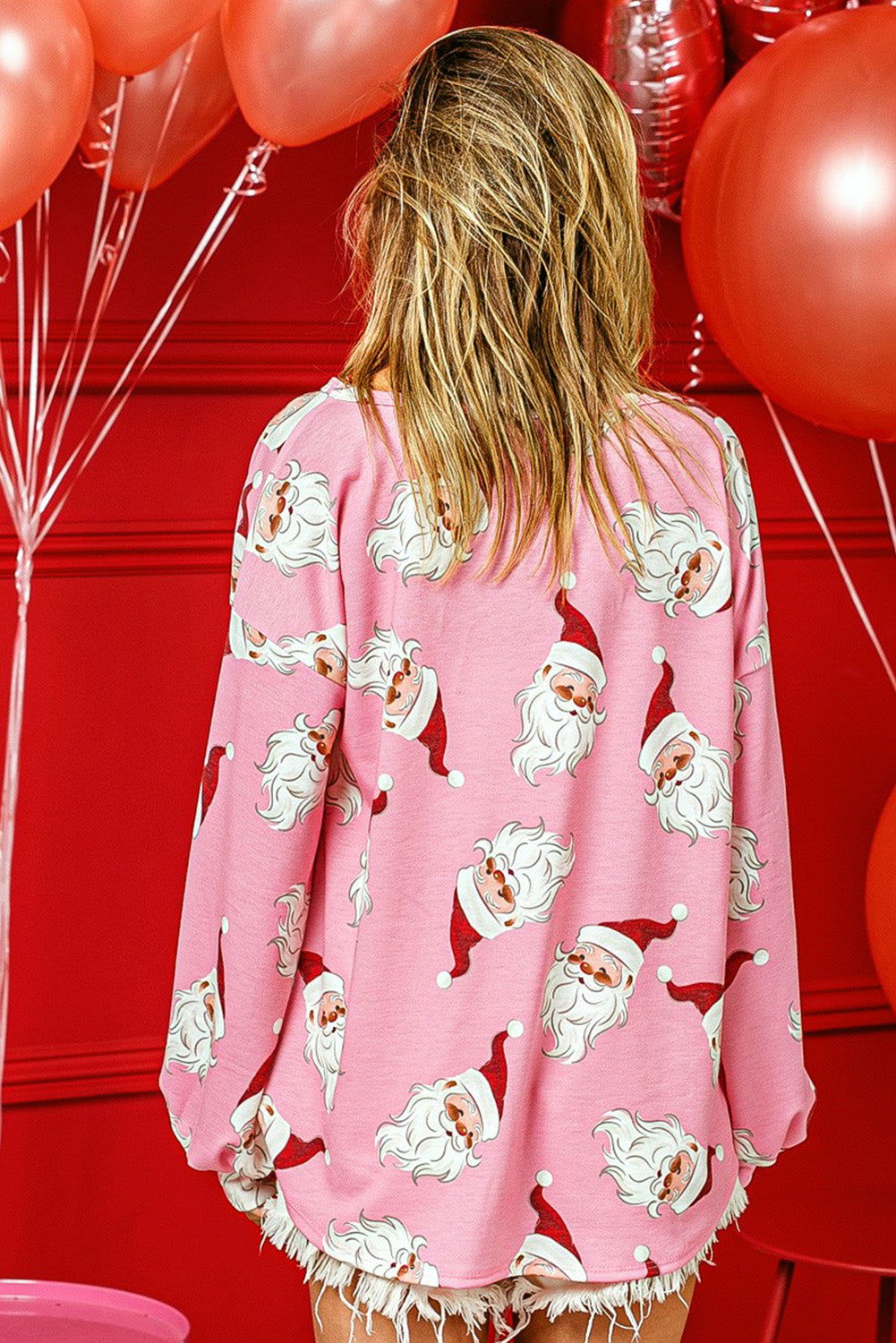 Pink Printed Christmas Santa Claus Lantern Sleeve Blouse Blouses & Shirts JT's Designer Fashion