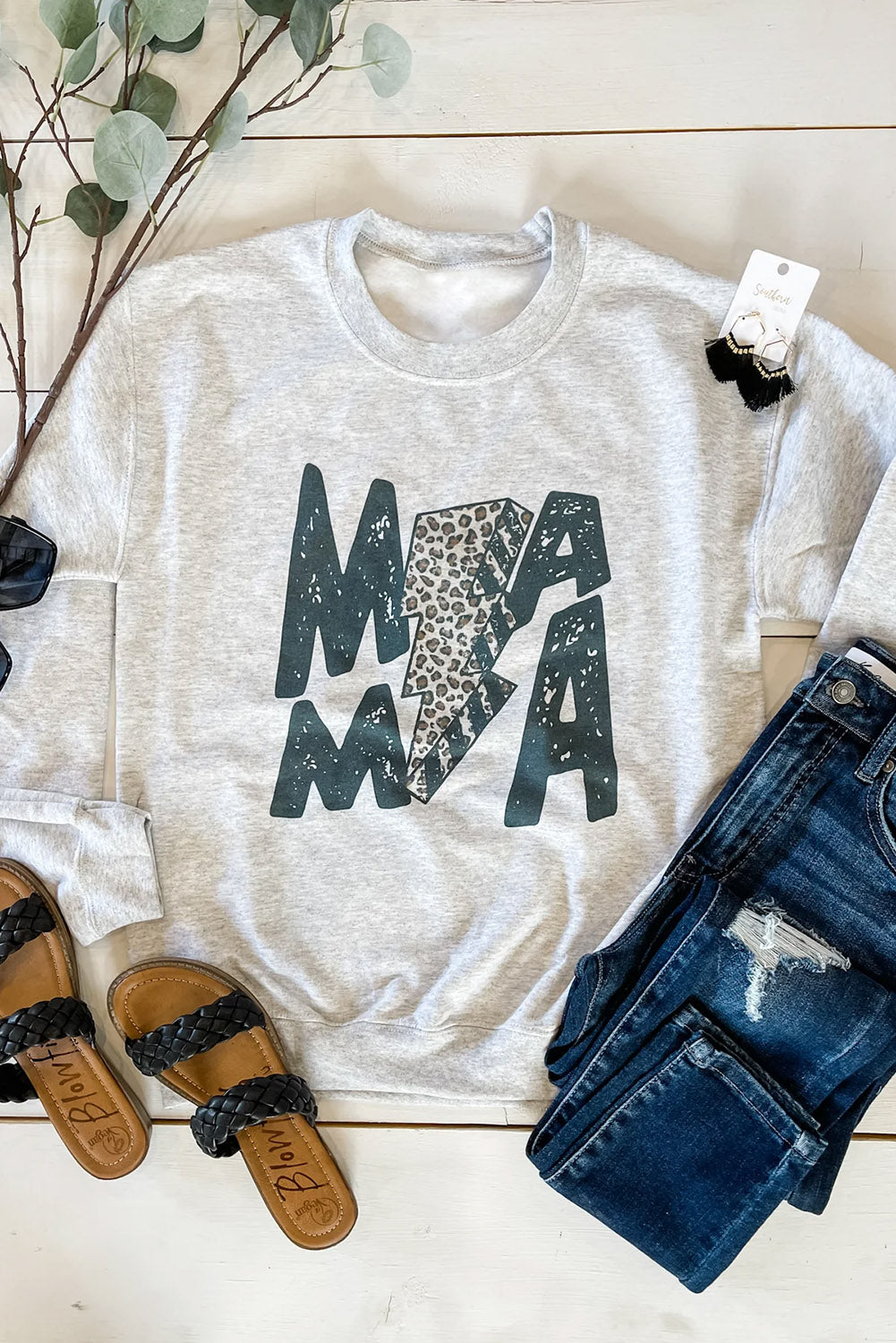 Gray MAMA Lightning Leopard Print Long Sleeve Sweatshirt Graphic Sweatshirts JT's Designer Fashion