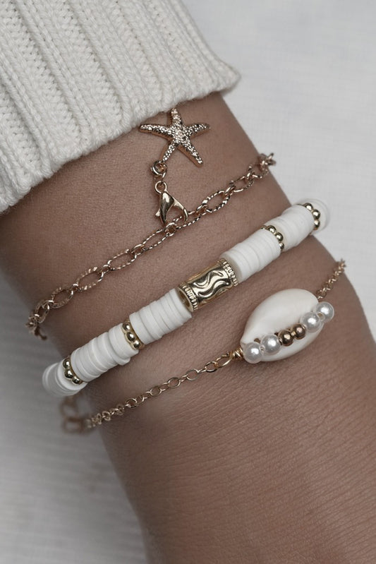 Gold 3-piece Bohemian Seashell Starfish Pearl Decor Bracelet Jewelry JT's Designer Fashion