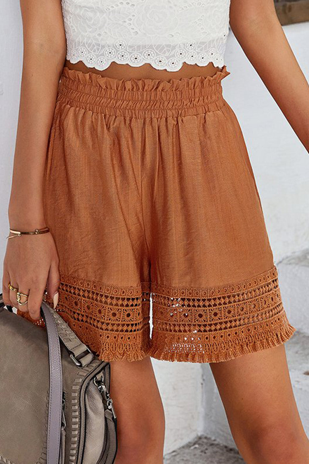 Brown Smocked Waist Crochet Hem Casual Loose Shorts Casual Shorts JT's Designer Fashion