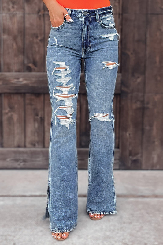 Distressed Ripped Leg Slit Jeans Sky Blue 71.5%Cotton+25%Polyester+2%Viscose+1.5%Elastane Jeans JT's Designer Fashion