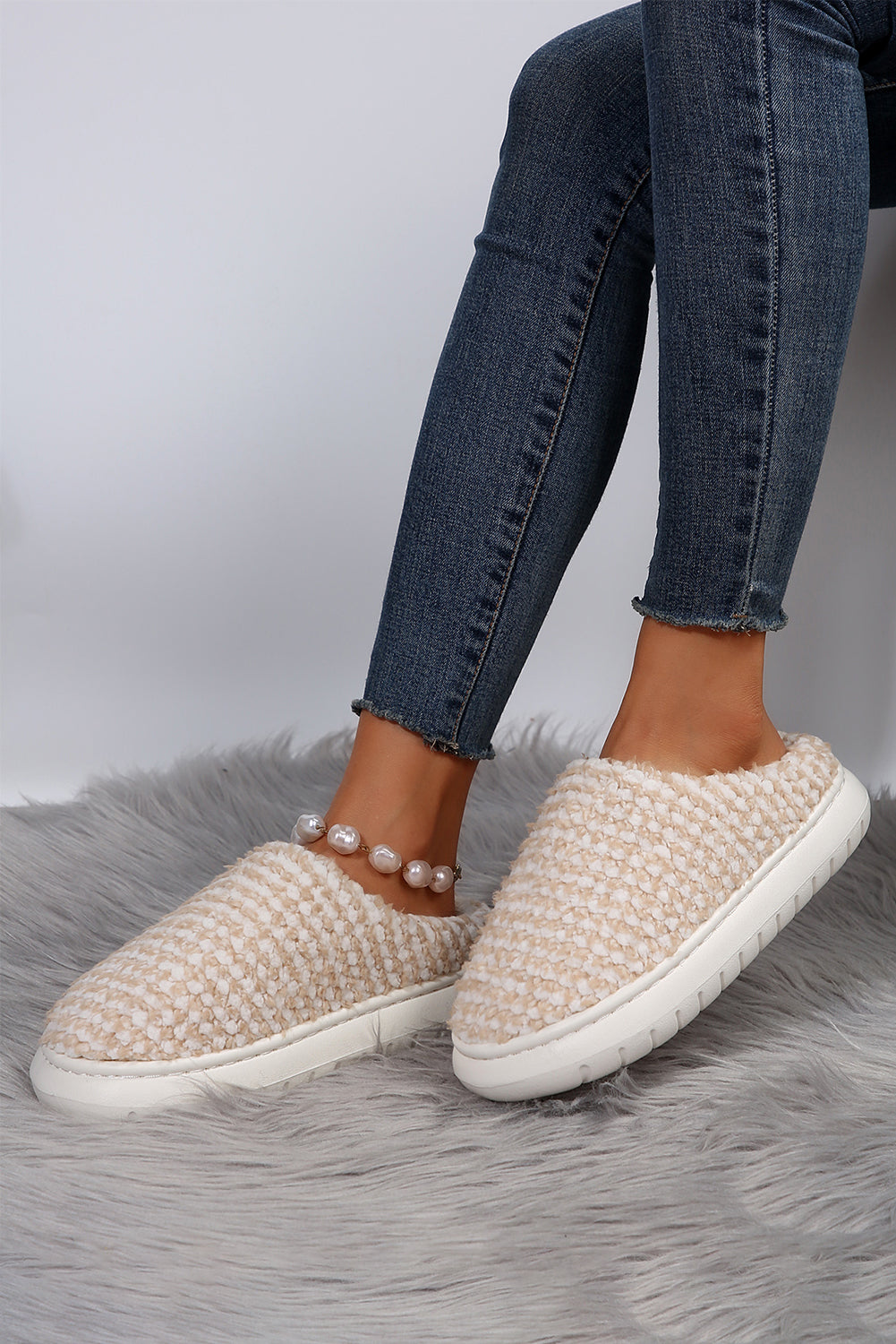 Apricot khaki Two-tone Knitted Warm Homewear Slippers Slippers JT's Designer Fashion
