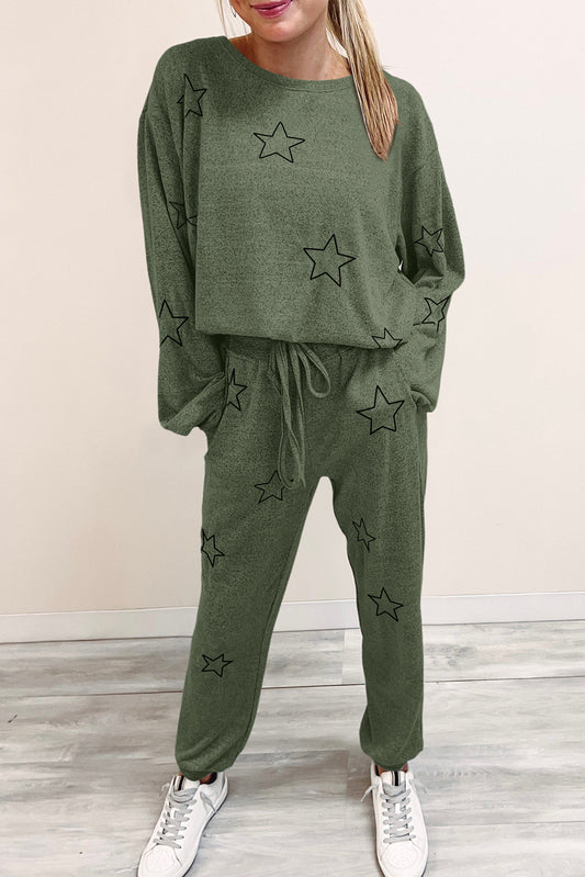 Mist Green Stars Print Long Sleeve Drawstring High Waist Lounge Set Bottoms JT's Designer Fashion
