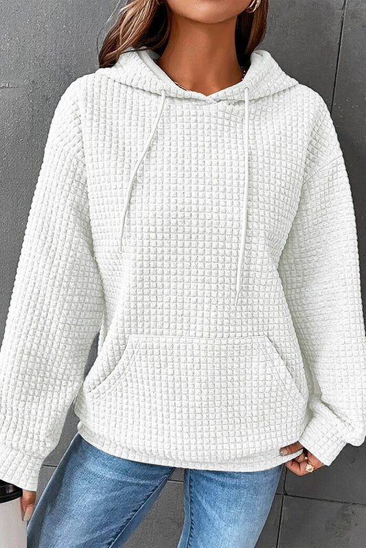 White Lattice Textured Kangaroo Pocket Drawstring Hoodie Pre Order Sweatshirts & Hoodies JT's Designer Fashion