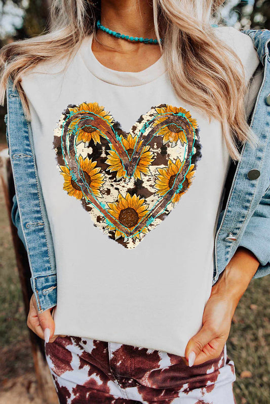 Sunflower Heart-shaped Print Short Sleeve Top White 95%Polyester+5%Spandex Long Sleeve Tops JT's Designer Fashion