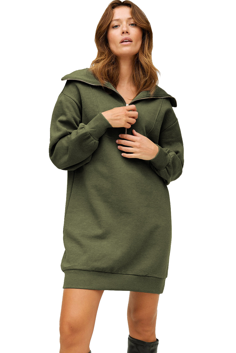 Green Solid Zipped Big Collar Sweatshirt Dress Dresses JT's Designer Fashion