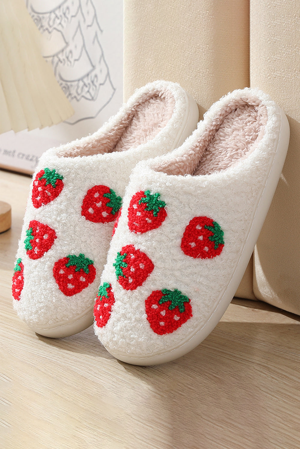 Bright White Cute Fuzzy Strawberry Pattern Home Slippers Slippers JT's Designer Fashion