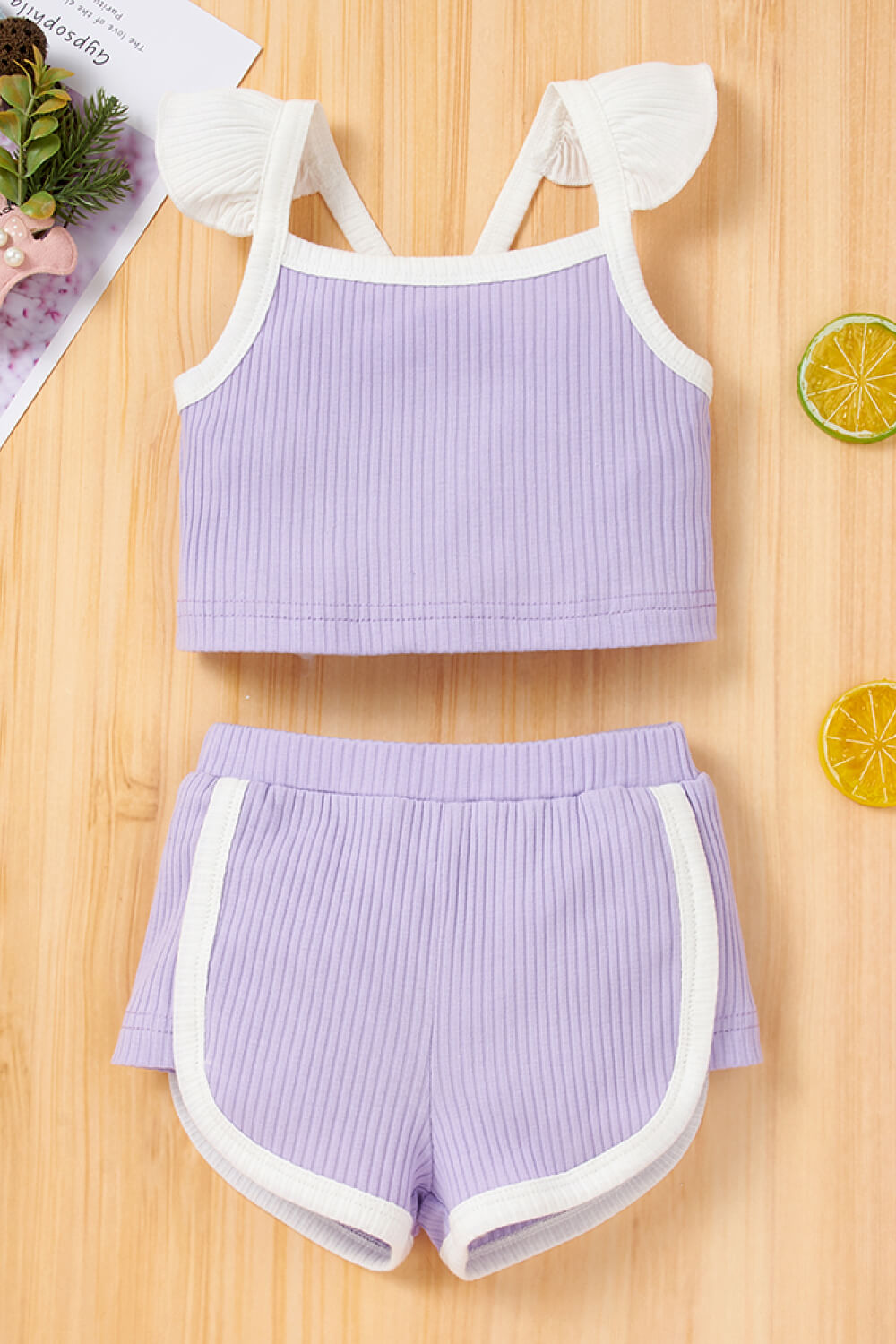 Baby Girl Contrast Trim Ribbed Cami and Shorts Set Lavender Baby JT's Designer Fashion