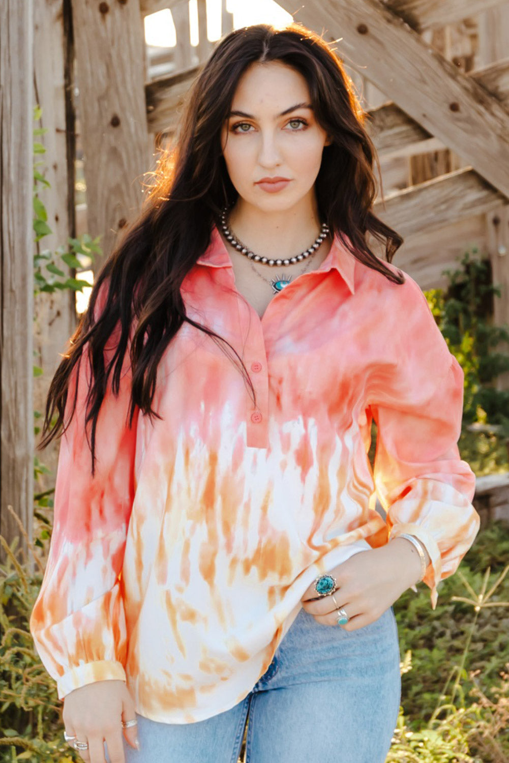 Red Tie Dye Print Lace-up Buttoned Henley Top Blouses & Shirts JT's Designer Fashion