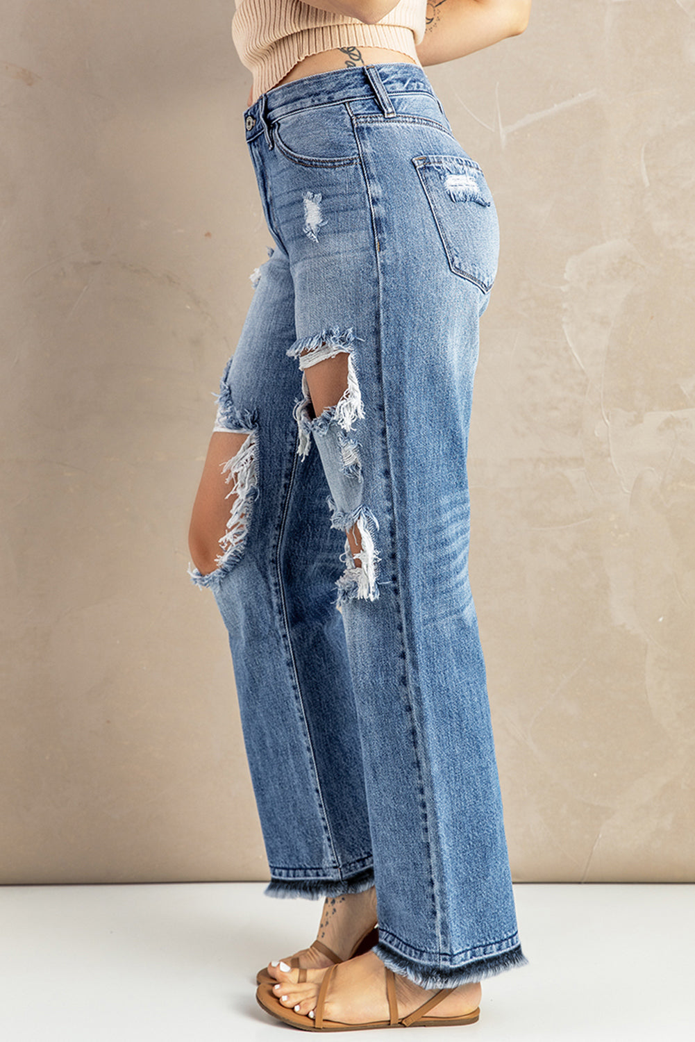 Sky Blue Distressed Holes Hollow-out Boyfriend Jeans Jeans JT's Designer Fashion