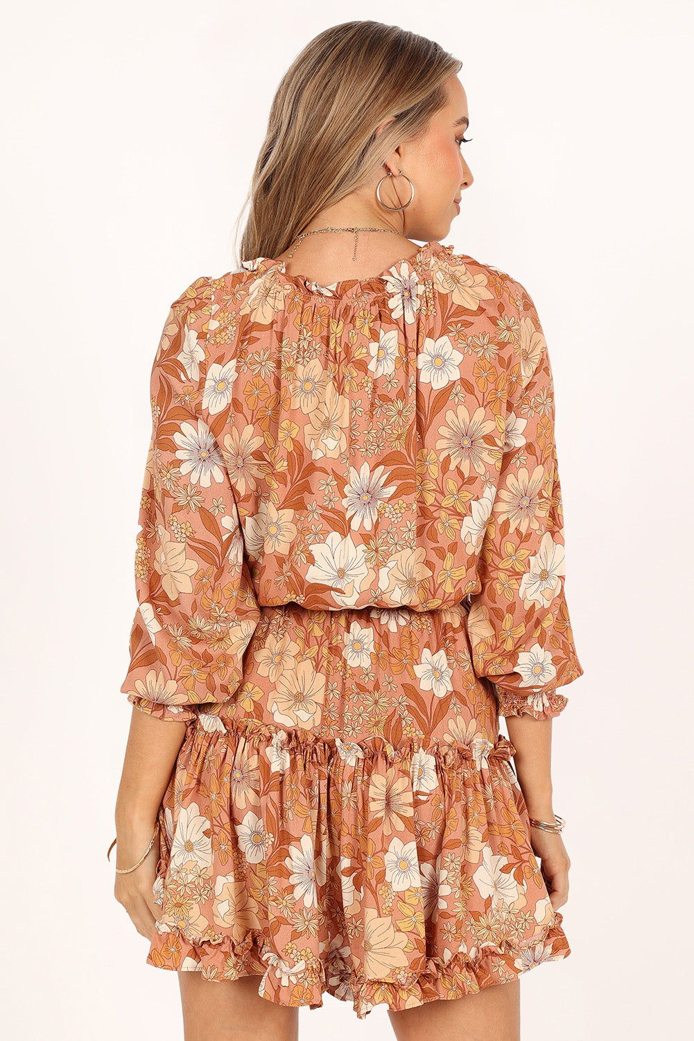 Camel Lace up Split Neck Tunic Floral Dress Dresses JT's Designer Fashion