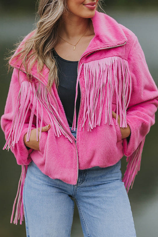 Pink Fringed Full Zipper Fleece Jacket Outerwear JT's Designer Fashion