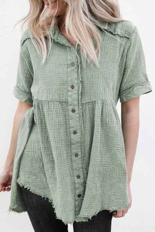 Green Acid Wash Raw Hem Short Sleeves Buttoned Shirt Blouses & Shirts JT's Designer Fashion