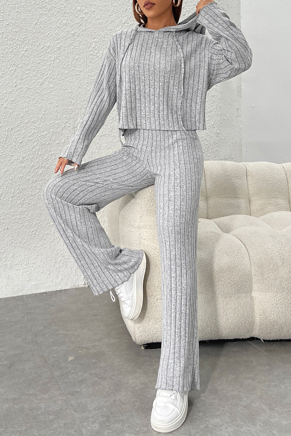 Gray Ribbed Knit Slouchy Hoodie Wide Leg Pants Set Bottoms JT's Designer Fashion