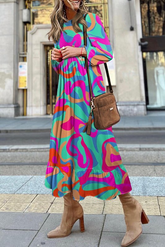 Multicolour Printed Long Sleeve Ruffle Hem Maxi Dress Dresses JT's Designer Fashion