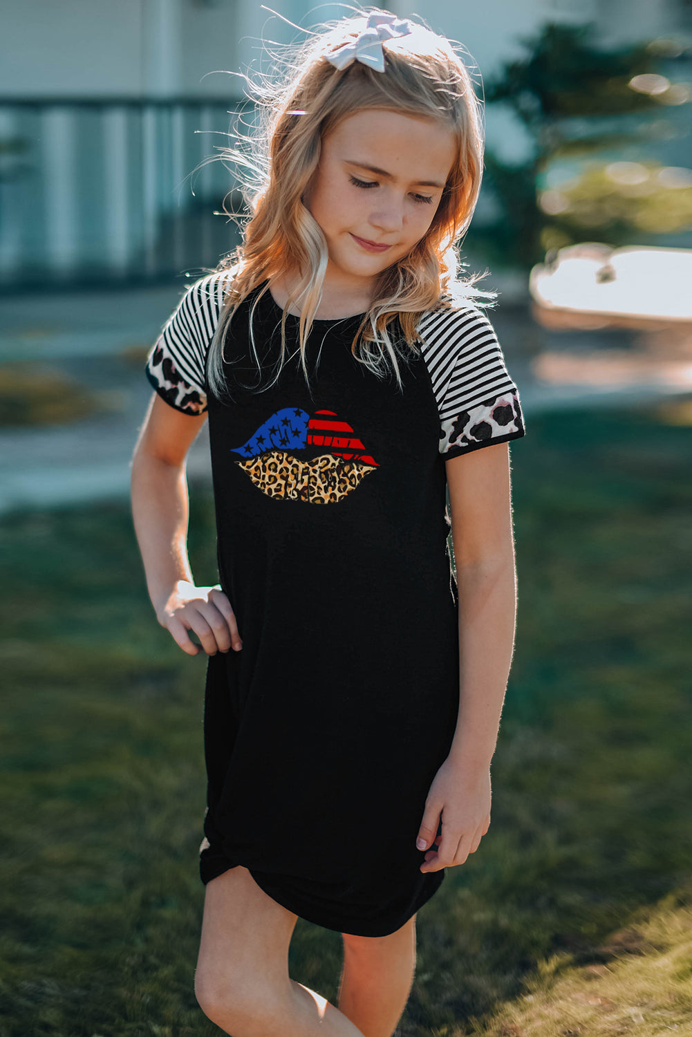 Black American Flag Leopard Lip Print Kids T Shirt Dress Family Dress JT's Designer Fashion