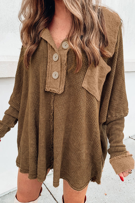 Brown Waffle Knit Buttoned Long Sleeve Top Brown 50%Polyester+50%Cotton Long Sleeve Tops JT's Designer Fashion